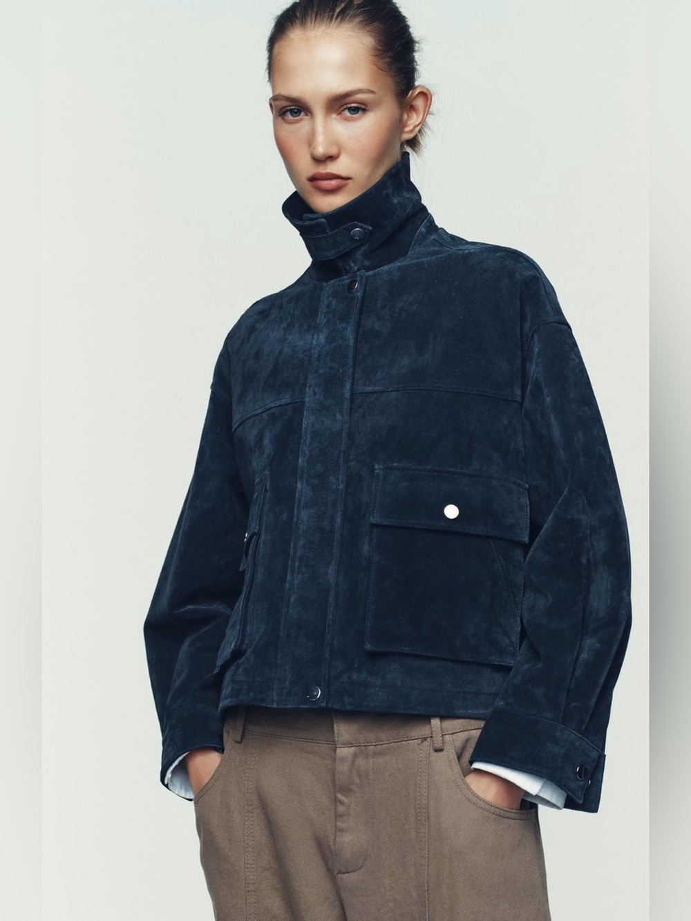 NWT Zara Women’s Navy Blue Leather Bomber Suede High-Collar XL 3046/433/401